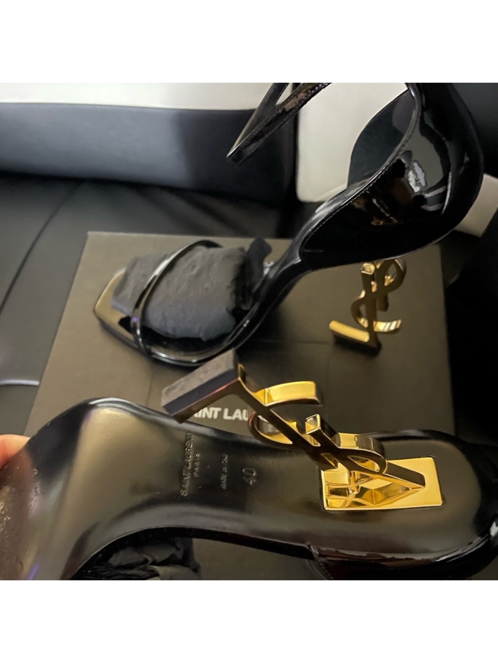 Saint Laurent Black Patent Leather Opyum Sandal with Gold Logo Heel - Picture 4 of 6